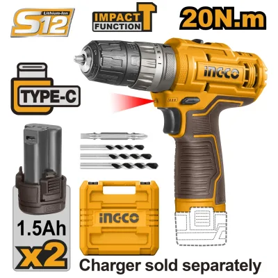 Masina De gaurit Bormasina 12V Impact 2 Acumulatori cu Type C si Geanta Ingco CIDLI12202E
