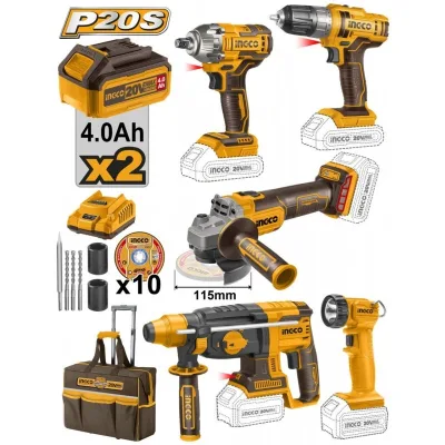 Set Kit de Scule electrice cu 2 acumulatori, flex, bormasina, rotopercutor, cheie impact, lanterna Ingco CKLI2019