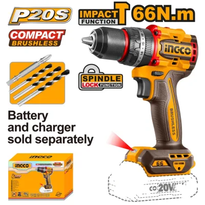 Masina de gaurit Bormasina 20V cu Impact 66Nm Mandrina Metalica, brushless, 2000rpm, fara acumulator Ingco CIDLI206681