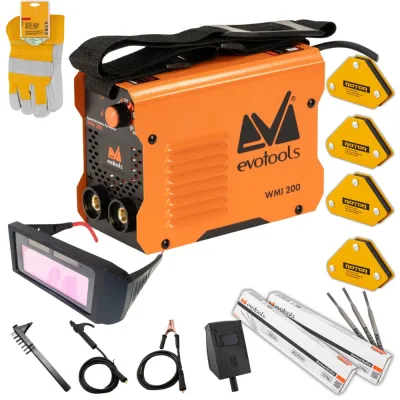 *PACHET* Aparat de Sudura Tip Invertor WMI 200, anti-stick, 2.8kg, 2.5-3.2mm, + x2 pachet electrozi + ochelari sudura automati, manusi palmare din piele, set 4 magneti