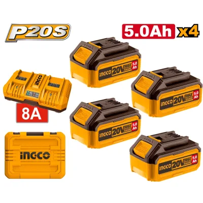 Set baterii 20V 5.0Ah (4 buc) cu incarcator dublu 4A+4A, pentru scule P20S, acumulator INGCO FBCLI20285