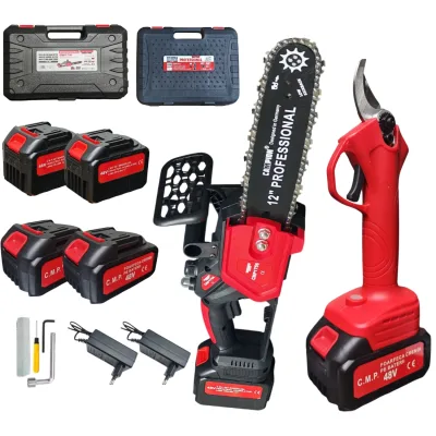 Set cu 4 acumulatori 48v, Mini Drujba electrica 300mm + Foarfeca gradina cu acumulator 27mm diametru Campion PROFESSIONAL