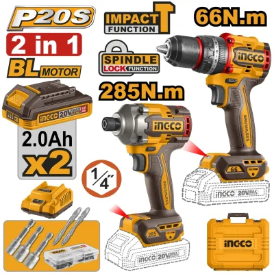 Bormasina cu Impact 20V 66Nm + Filetanta cu Impact 1/4" 20V 285Nm, Motoare Brushless, 2 Acumulatori 2.0Ah, Incarcator, 47 Accesorii, Model CKLI20277E