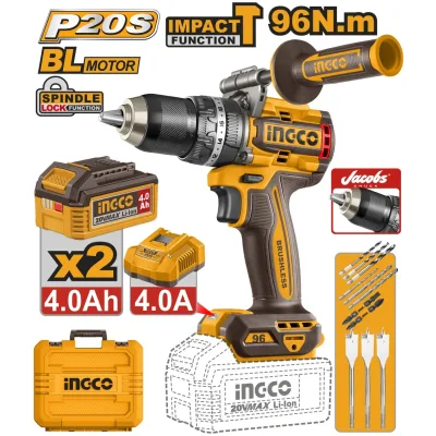 Masina de Gaurit si Insurubat cu Impact 20V INGCO CIDLI209686E, 96Nm, brushless, 2 viteze 0-550/2100 rpm, 30000 bpm, mandrina metalica 13 mm, 2 acumulatori 4.0Ah, incarcator, set accesorii