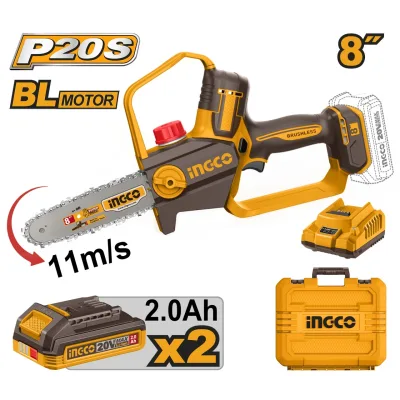 Fierastrau Electric de Mana 20V 20cm (8") Brushless INGCO CGSLI20882E, viteza lant 11 m/s, ungere automata, 2 acumulatori 2Ah + incarcator + cutie transport