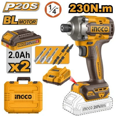 Filetanta cu Impact Profesionala 20V 230Nm Brushless INGCO CIRLI2023E, 0-2600 rpm, 0-2900 bpm, prindere 1/4", 2 acumulatori 2Ah + incarcator + accesorii incluse