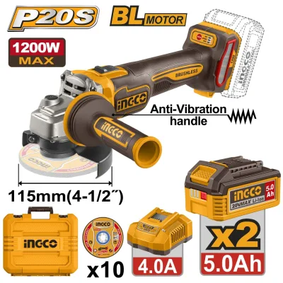 Flex Unghiular Industrial 20V 115mm 1200W Brushless INGCO CAGLI2120252E, 3000/6000/9000 rpm, filet M14, maner anti-vibratii, 2 acumulatori 5Ah + incarcator + accesorii incluse