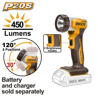 Lanterna 20V 5W 450lm 2 Moduri Unghi Reglabil 120° Carlig Metalic CWLI2058 Fara Acumulator si Incarcator