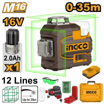 Nivela Laser Profesionala 16V INGCO HLL301201, laser verde 360°, 0-35 m, autonivelare ±4°, precizie ±1.5 mm/7 m, 1H + 2V, acumulator 2.0Ah, telecomanda, accesorii complete