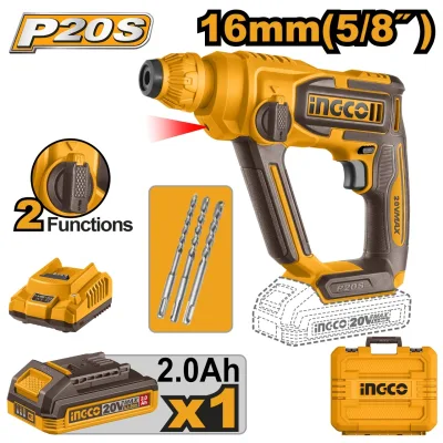 Ciocan Rotopercutor 20V INGCO CRHLI201681E, SDS Plus, 1.5J, 0-850 rpm, 0-5100 bpm, capacitate gaurire beton 16 mm, 1 acumulator 2.0Ah, incarcator, cutie transport