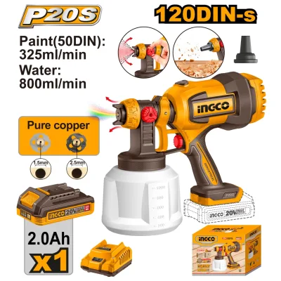 Pistol Vopsit Electric 20V 800ml/min Rezervor 1000ml cu Acumulator 2Ah si Incarcator CSGLI20042E – pistol pulverizare vopsea reglabil INGCO