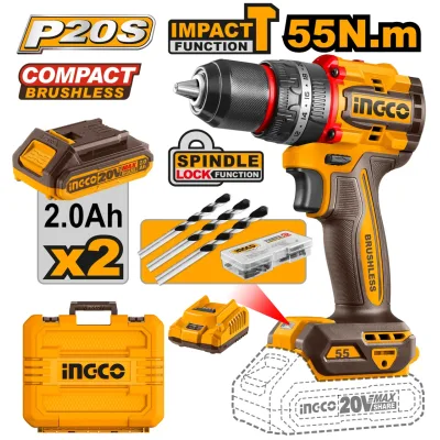 Bormasina cu Impact 20V 55Nm CIDLI20558E, Motor Brushless, Mandrina Metalica 13 mm, 2 Acumulatori 2.0Ah, Incarcator, 47 Accesorii si 3 Burghie Zidarie