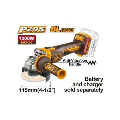 Flex unghiular INGCO CAGLI212025, 20V, Brushless, 115mm, 1200W, 3000/6000/9000 RPM, filet M14, maner anti-vibratii, compatibil P20S, fara acumulator, incarcator si disc