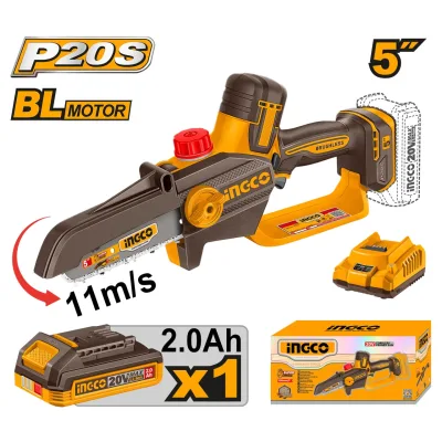 Fierastrau de mana INGCO CGSLI20561E, 20V, Brushless, lama 13cm / 5”, ungere automata, lant 1/4”, viteza 11m/s, 36 zale, acumulator 2Ah, incarcator si cutie transport