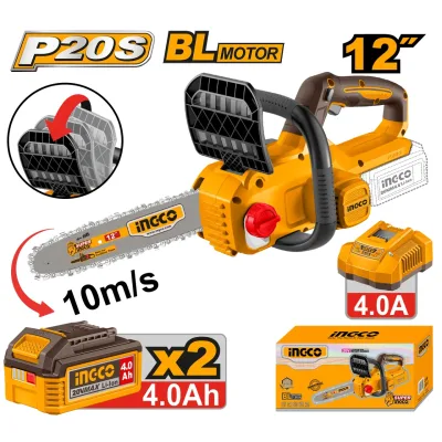 Motofierastrau INGCO CGSLI201262E, 20V, Brushless, lama 30cm / 12”, lant 3/8”, canal 1.1mm, viteza lant 10m/s, 45 zale, ungere automata, 2 acumulatori 4Ah si incarcator