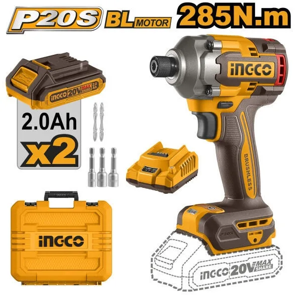 Masina de insurubat cheie cu impact 285nM, 1/4, 20v cu 2 acumulator 2900bpm, brushless Ingco CIRLI2028E