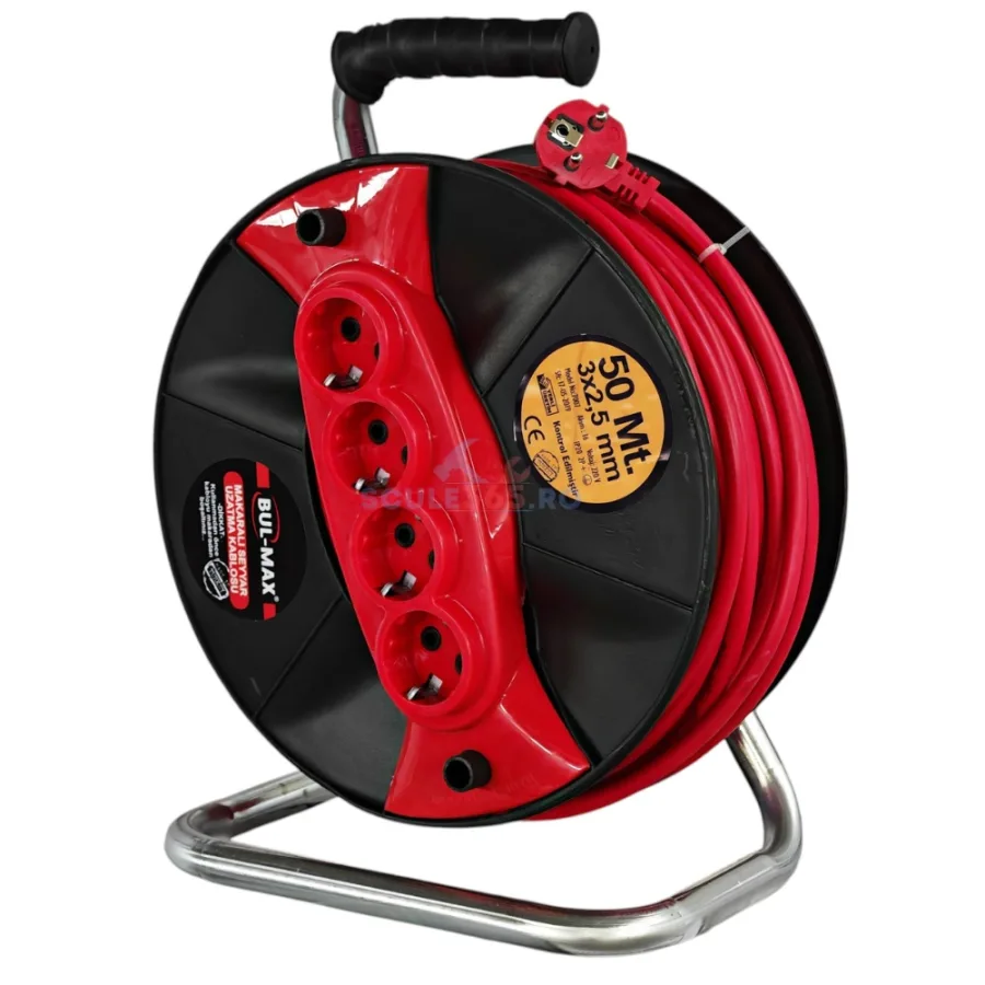 Prelungitor electric 50m, pe rola cu tambur, 50m, 3x2.5mm, 4 prize, 3500W, BUL-MAX BMX1388