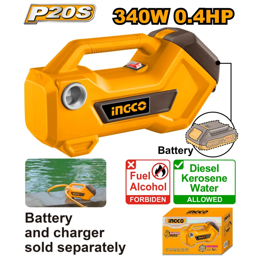 Pompa de transfer lichide 20V, 0.4HP, 48 l/min, conexiune 3/4", fara acumulator, P20S INGCO TPLI2001