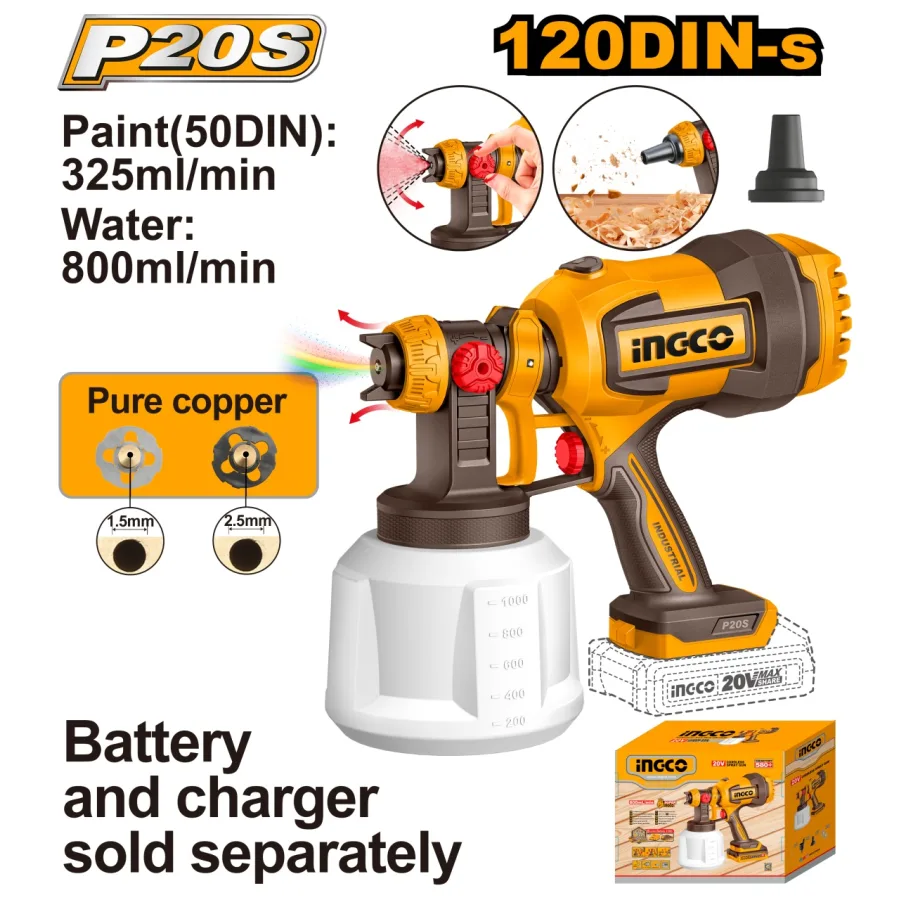 Pistol de vopsit 20V cu functie de suflare, debit 800ml/min, rezervor 1000ml, fara acumulator, INGCO CSGLI2004