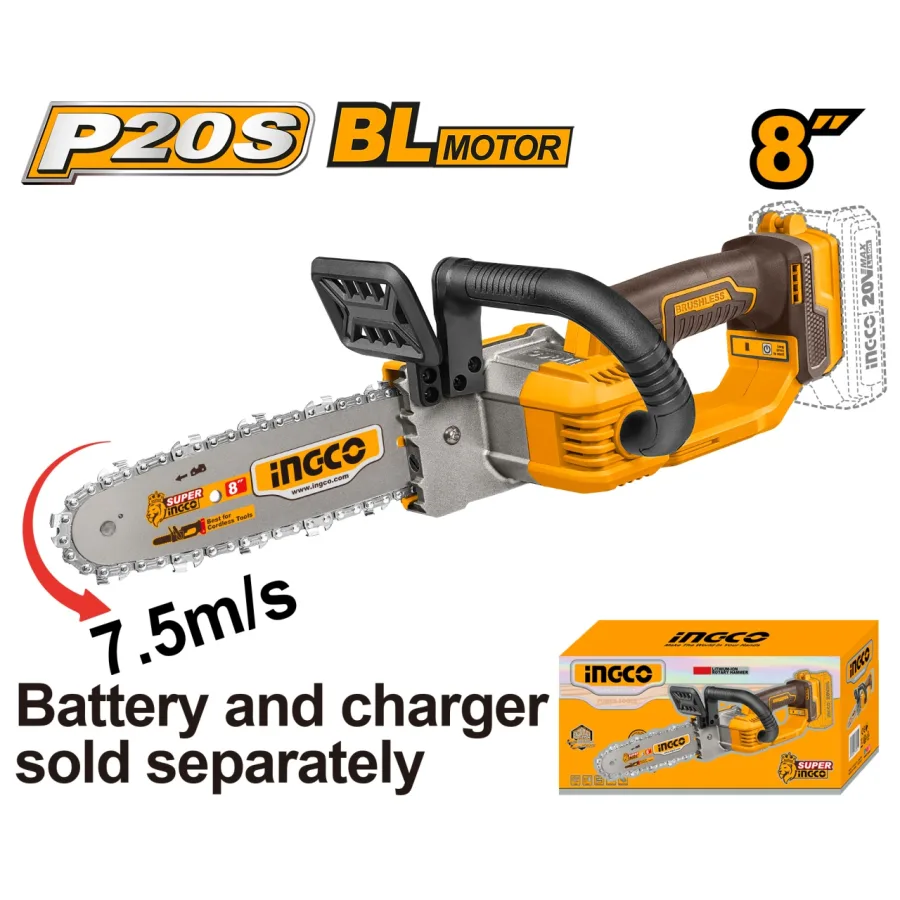 Mini drujba electrica ierastrau de mana cu lant 20V, 20cm, motor brushless, fara acumulator , INGCO CGSLI2085