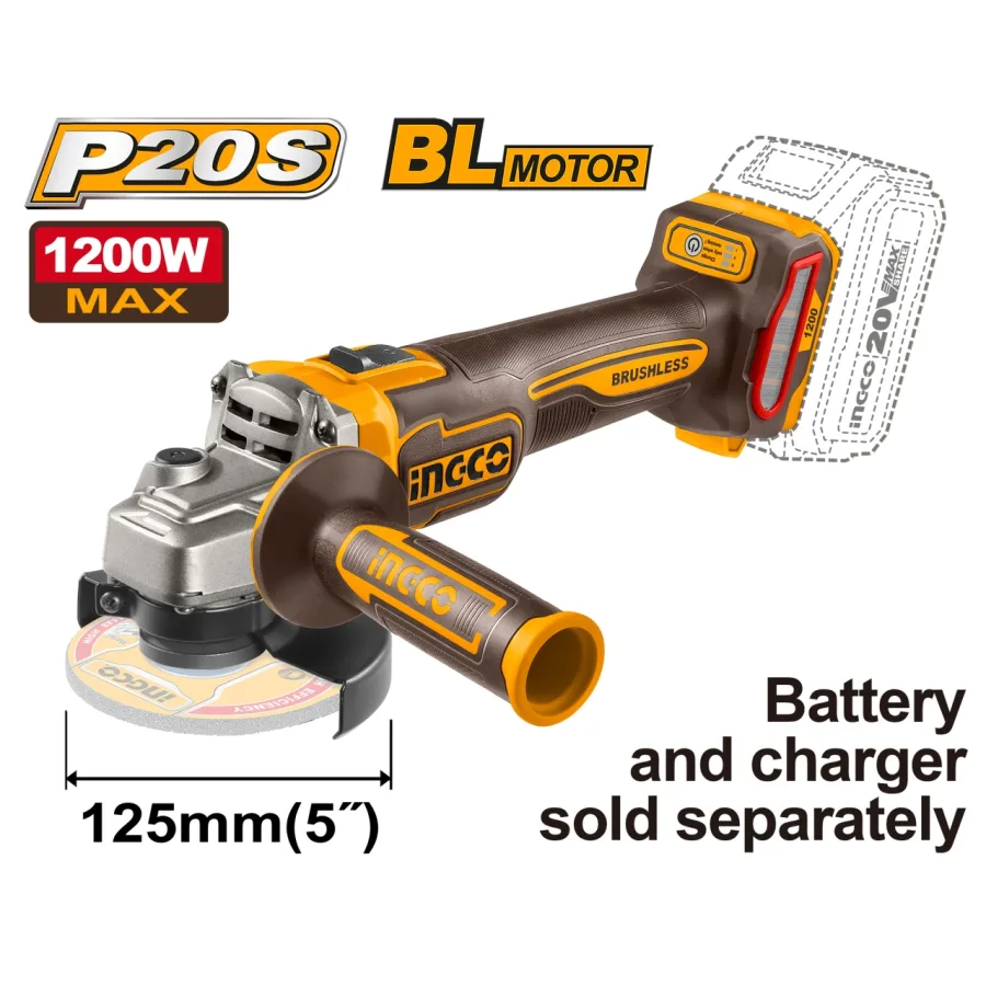 Polizor Unghiular Brushless 20V 125mm 1200W cu variator turatie, 9000rpm, fara acumulator INGCO – CAGLI221253
