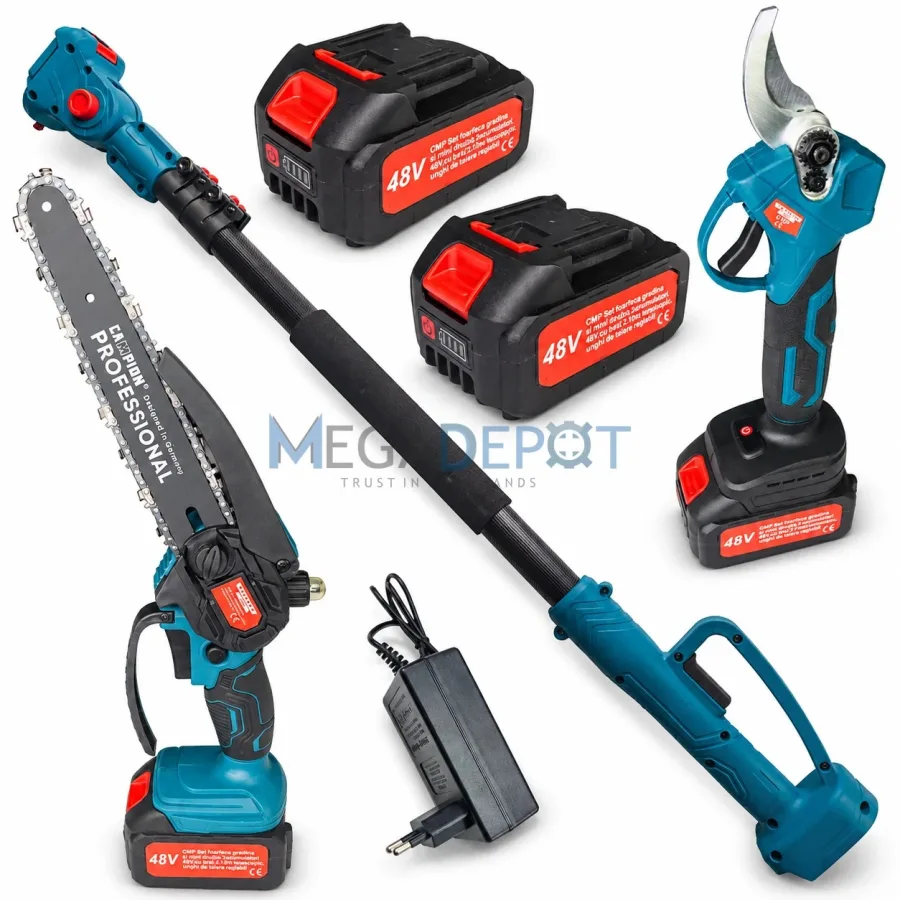 Set Foarfeca de Gradina și Mini Drujba 48V 8Ah , 2 Acumulatori, Brat Telescopic 2 m, Unghi Reglabil de Taiere electrica CMP1757