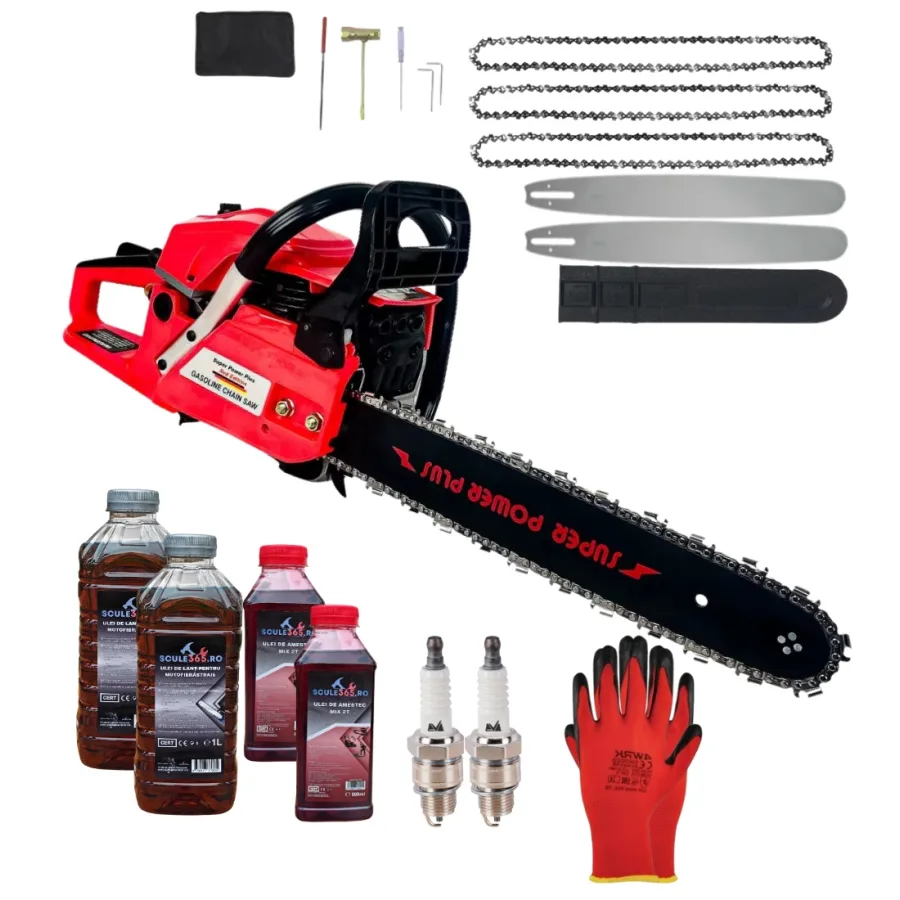 *PACHET* 8.8cp 58cmc Drujba benzina + 3 lanturi + 2 lame + x2 ulei ungere lant 1L + x2 ulei amestec 0.5L + x2 bujii + accesorii + manusi protectie CRAFT-TEC GERMANY, Super Power Plus *RED edition
