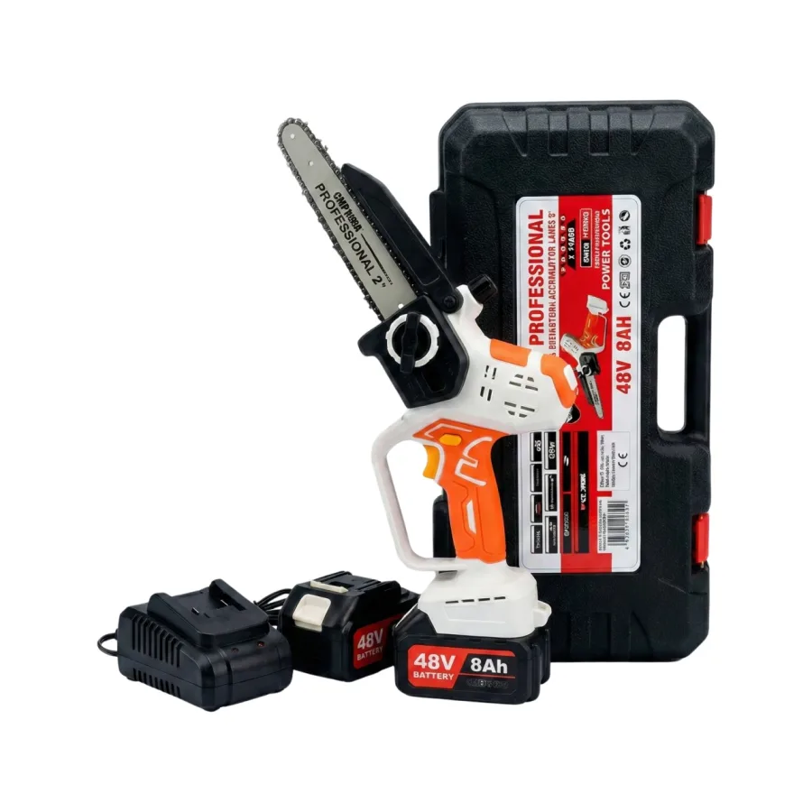 Mini drujba electrica cu 2 acumulatori, 8AH, 48V, 200mm, 8'', protectie lama, ungere automata CAMPION PROFESSIONAL CMP1698A