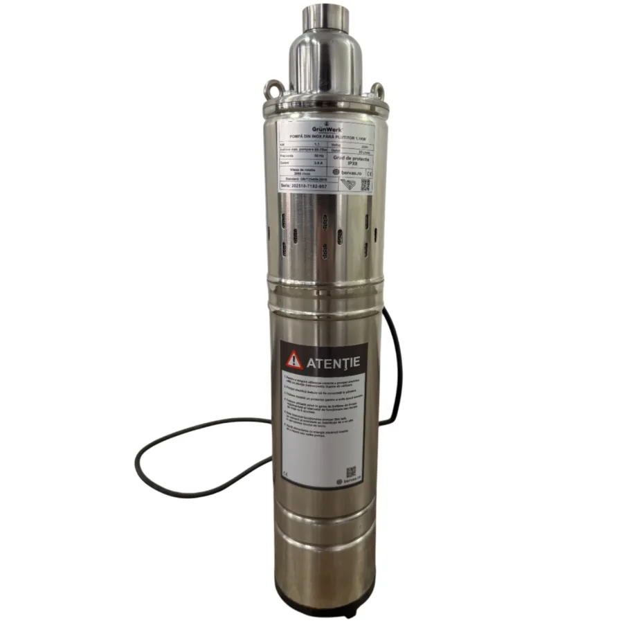 Pompa Inox Submersibila cu Snec Fara Plutitor GW GW7182, Putere 1.1KW (1100W), Cablu 9.5m, Inaltime 51.5cm, Latime 10.5cm, Circumferinta 31cm, Carcasa Otel Inoxidabil, Pentru Apa Curata sau Usor Murdara