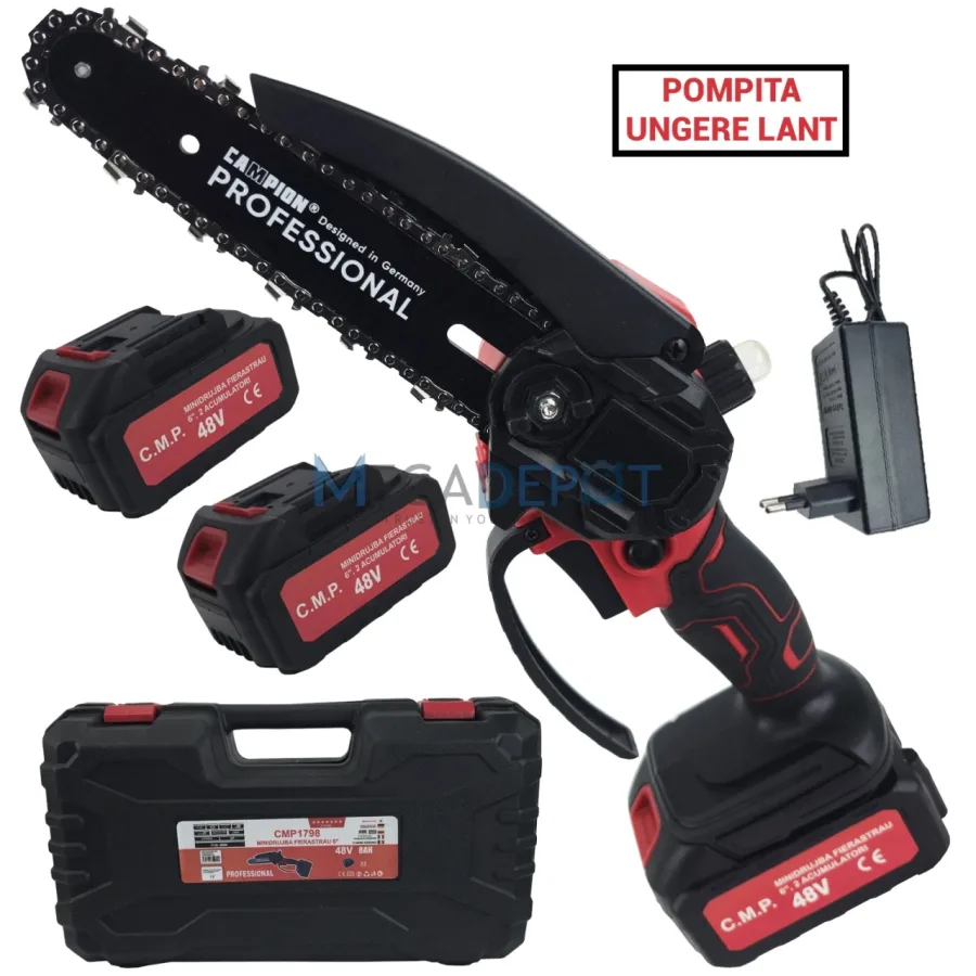 Mini Drujba electrica cu 2 acumulatori 48V, 180cm, ungere lant, valiza transport, Campion CMP1798