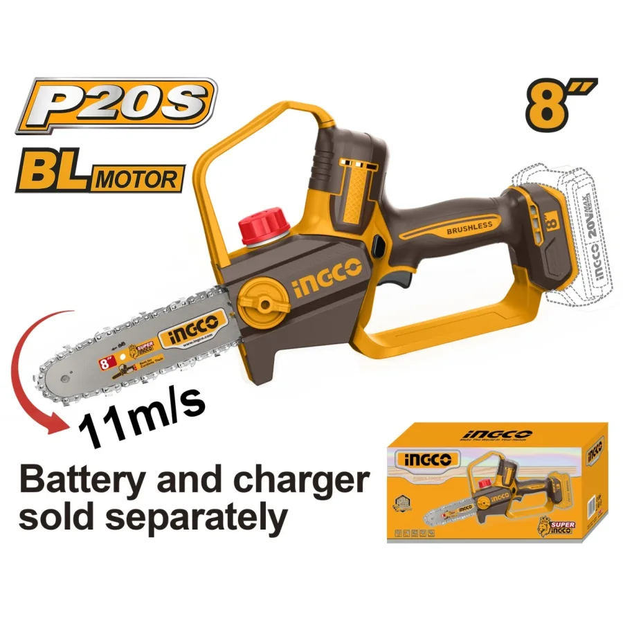 Fierastrau Electric de Mana 20V 20cm (8") Brushless Industrial INGCO CGSLI2088, viteza lant 11 m/s, ungere automata, fara acumulator si incarcator