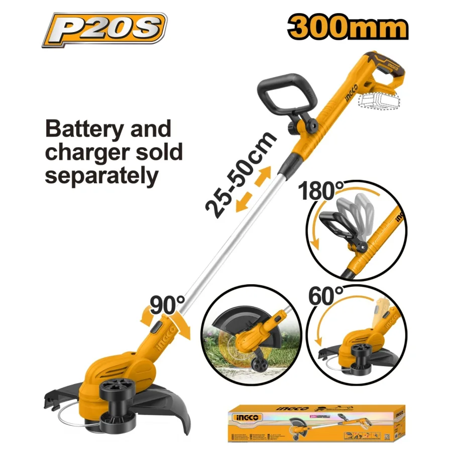 Motocoasa Electrica 20V INGCO CGTLI20328, 8200 rpm, diametru taiere 300 mm, fir 1.6 mm, functie edging, fara acumulator si incarcator