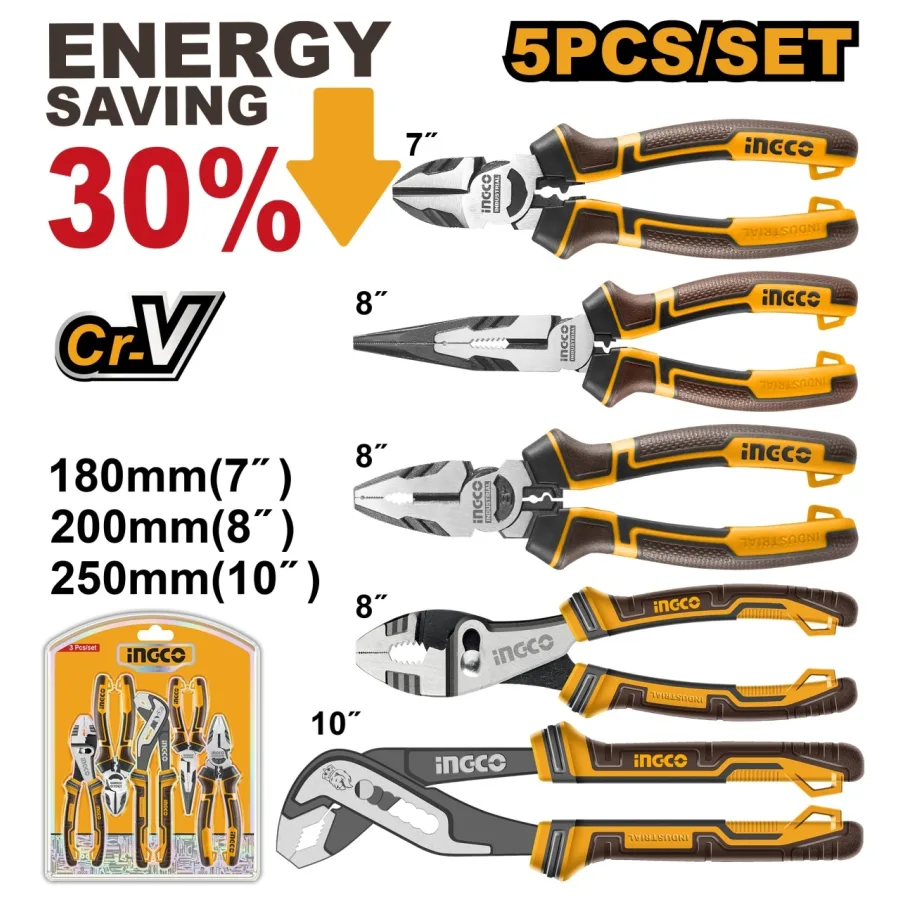 Set Patenti Profesional 5 buc INGCO HKPS28588, otel Cr-V, maner TPR cauciucat, efect parghie mare, multifunctional, finisaj negru polisat