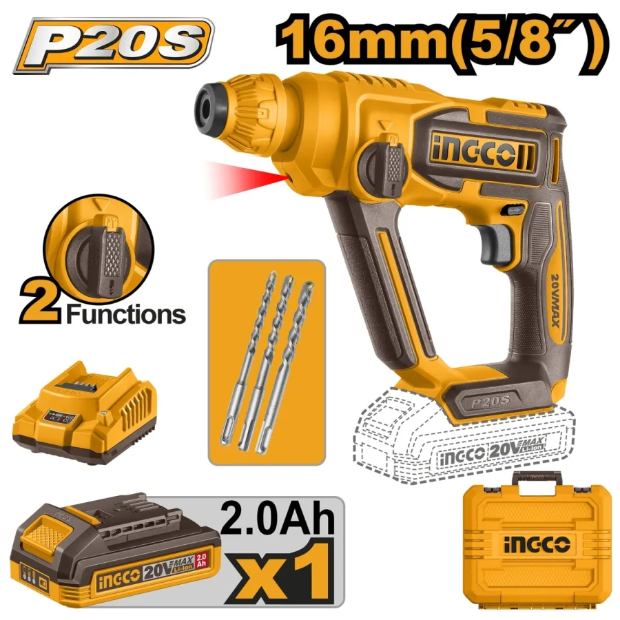 Ciocan Rotopercutor 20V INGCO CRHLI201681E, SDS Plus, 1.5J, 0-850 rpm, 0-5100 bpm, capacitate gaurire beton 16 mm, 1 acumulator 2.0Ah, incarcator, cutie transport