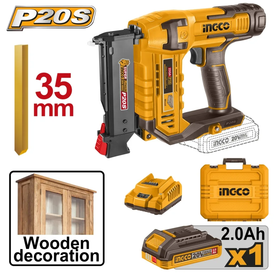 Pistol Cuie Industrial pentru Lemn 20V INGCO CBNLI3606, tip pin 10-35 mm, rata tragere 3 cuie/sec, magazie 140 buc, acumulator 2.0Ah si incarcator incluse, sistem P20S, cutie transport