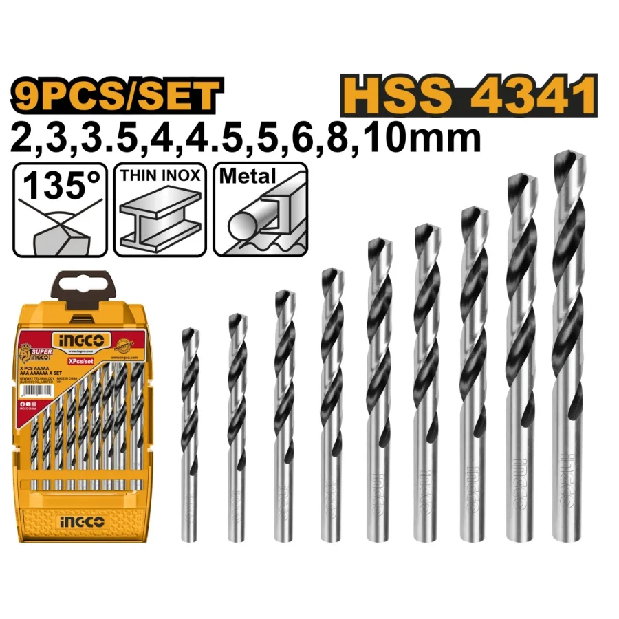 Set Burghie Metal 9 buc AKD1095 – HSS 4341, 2-10mm, Burghie Elicoidale Precizie pentru Otel si Metale