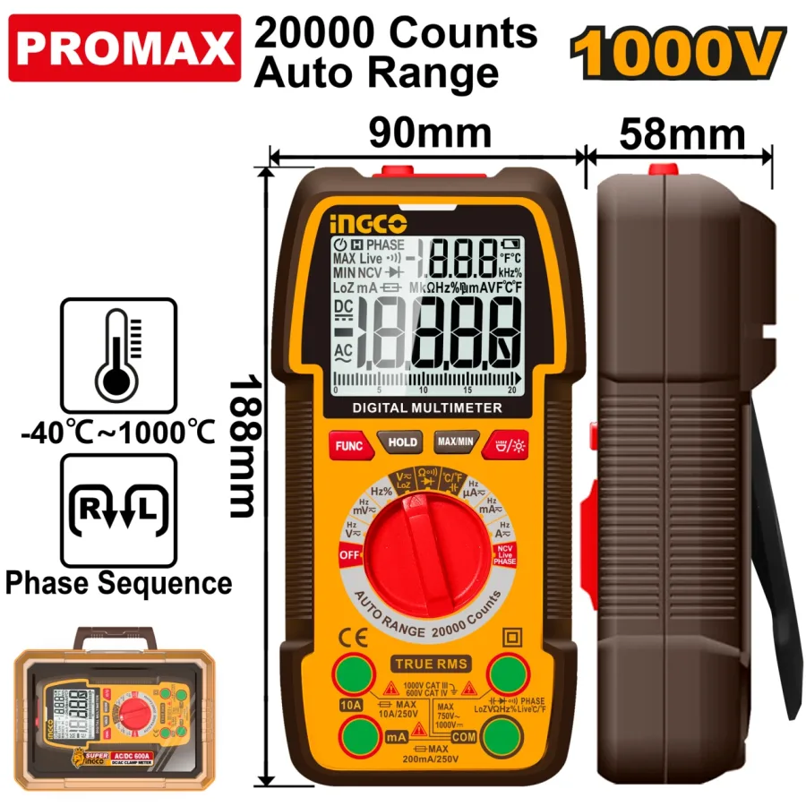 Multimetru Digital Profesional DM410003 – TRU RMS 20000 Puncte, 1000V DC / 750V AC, 10A, Auto Range, Masurare Temperatura -40°C~1000°C, NCV, LowZ