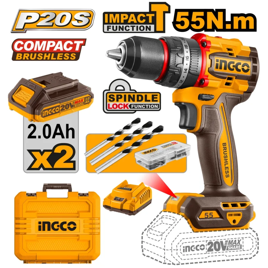 Bormasina cu Impact 20V 55Nm CIDLI20558E, Motor Brushless, Mandrina Metalica 13 mm, 2 Acumulatori 2.0Ah, Incarcator, 47 Accesorii si 3 Burghie Zidarie