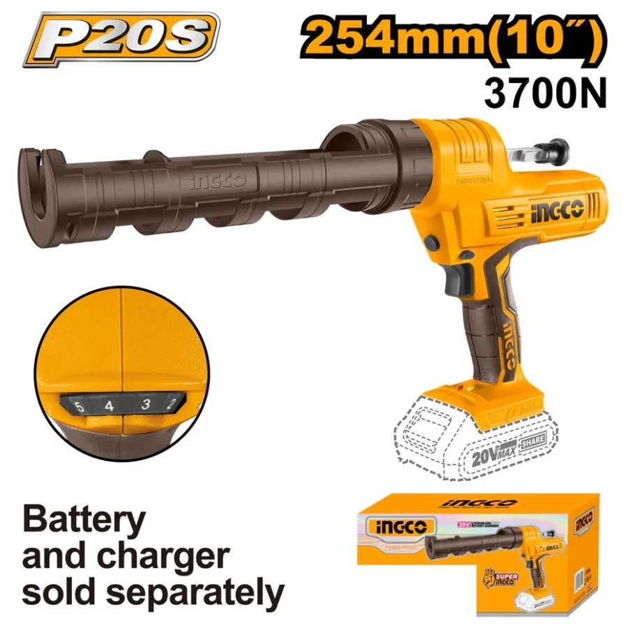 Pistol silicon INGCO CCGLI2001, 20V, Li-Ion, forta impingere 2000N, viteza aplicare 0.5-4.4mm/s, curent fara sarcina 0.35A, compatibil P20S